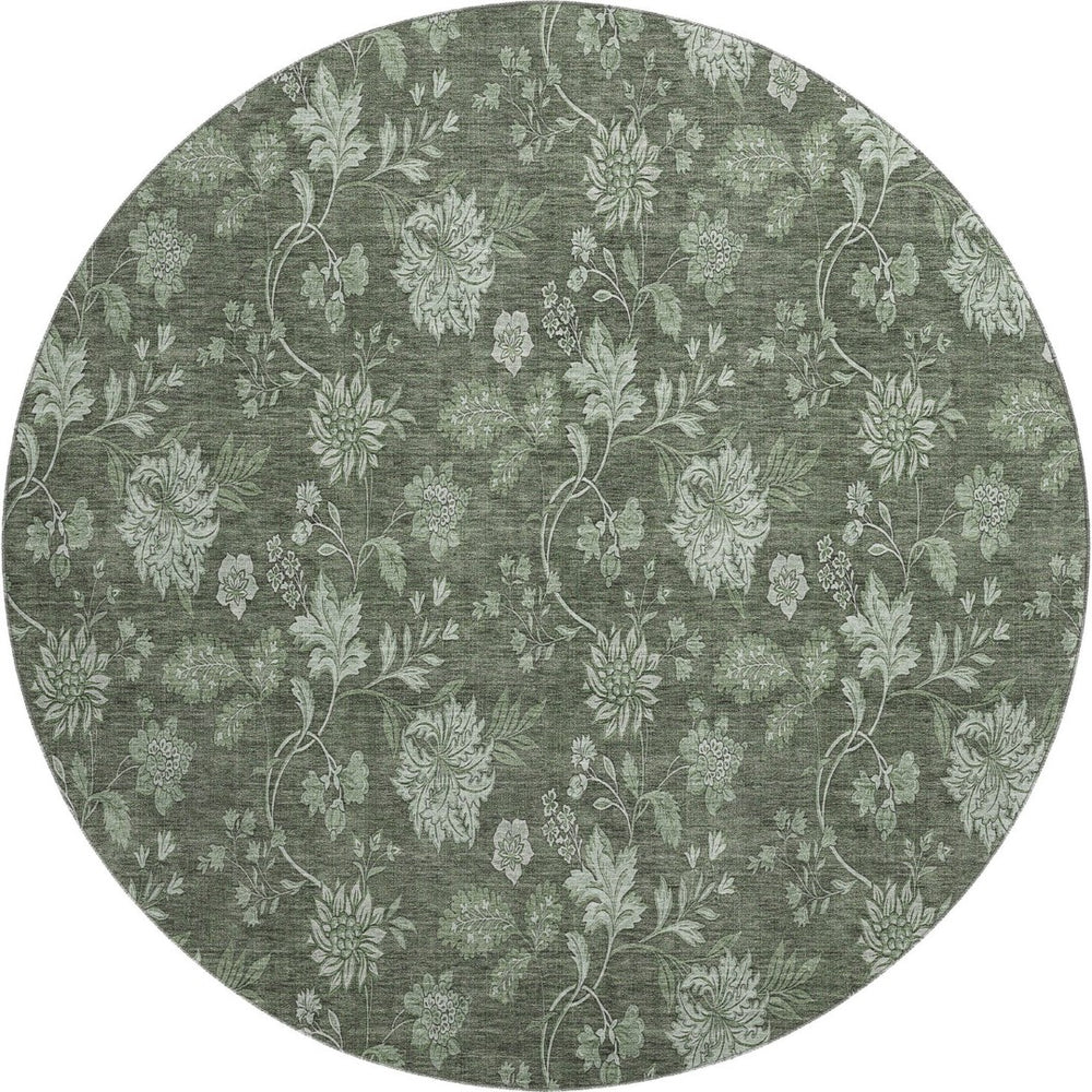 HomeRoots 8' Olive Green and Gray Floral Washable Round Rug with Stain Resistance & UV Protection for Homes 655929