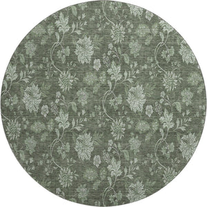 HomeRoots 8' Olive Green and Gray Floral Washable Round Rug with Stain Resistance & UV Protection for Homes 655929