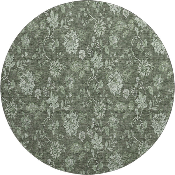 HomeRoots 8' Olive Green and Gray Floral Washable Round Rug with Stain Resistance & UV Protection for Homes 655929