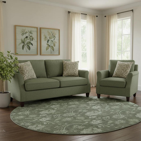HomeRoots 8' Olive Green and Gray Floral Washable Round Rug with Stain Resistance & UV Protection for Homes 655929