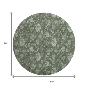 HomeRoots 8' Olive Green and Gray Floral Washable Round Rug with Stain Resistance & UV Protection for Homes 655929