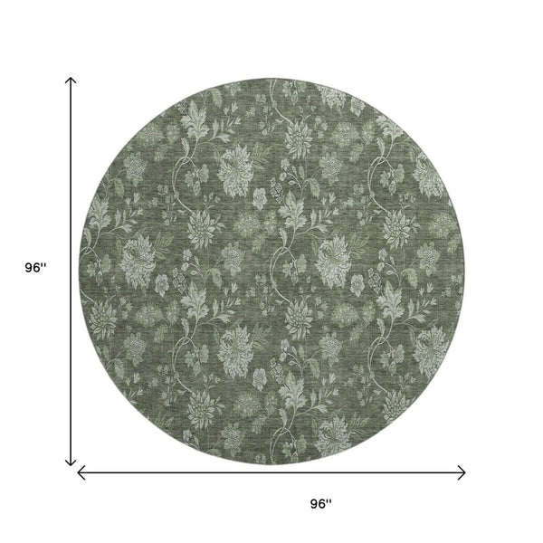 HomeRoots 8' Olive Green and Gray Floral Washable Round Rug with Stain Resistance & UV Protection for Homes 655929