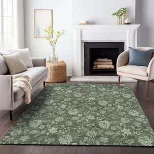HomeRoots 8' X 10' Olive Green and Gray Floral Area Rug - Washable, UV Protected, Stylish & Durable Home Accent 655930