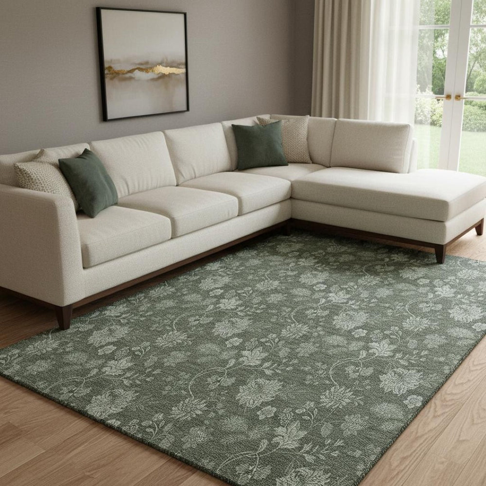 HomeRoots 8' X 10' Olive Green and Gray Floral Area Rug - Washable, UV Protected, Stylish & Durable Home Accent 655930