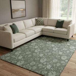 HomeRoots 9' X 12' Washable Olive Green & Gray Floral Area Rug with UV Protection for Busy Homes & Pets 655931