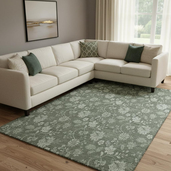 HomeRoots 9' X 12' Washable Olive Green & Gray Floral Area Rug with UV Protection for Busy Homes & Pets 655931