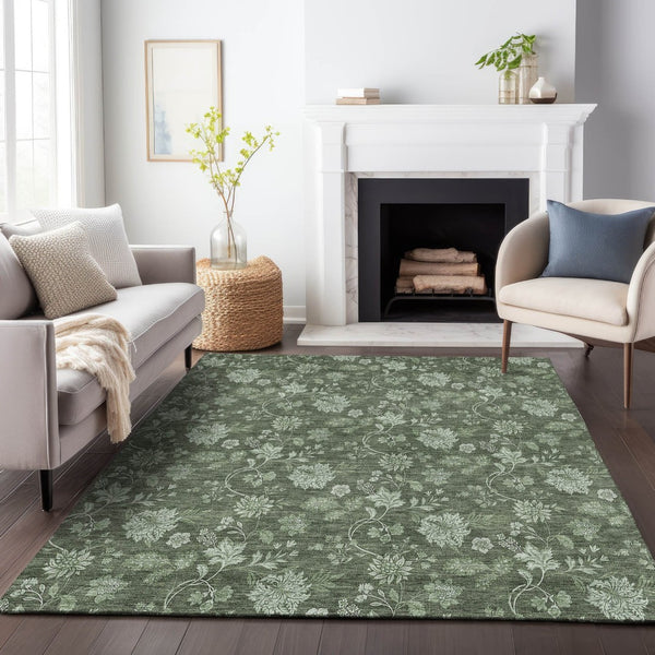 HomeRoots 10' Olive Green & Gray Floral Area Rug – Washable, UV Protected, Durable for High-Traffic Areas 655932