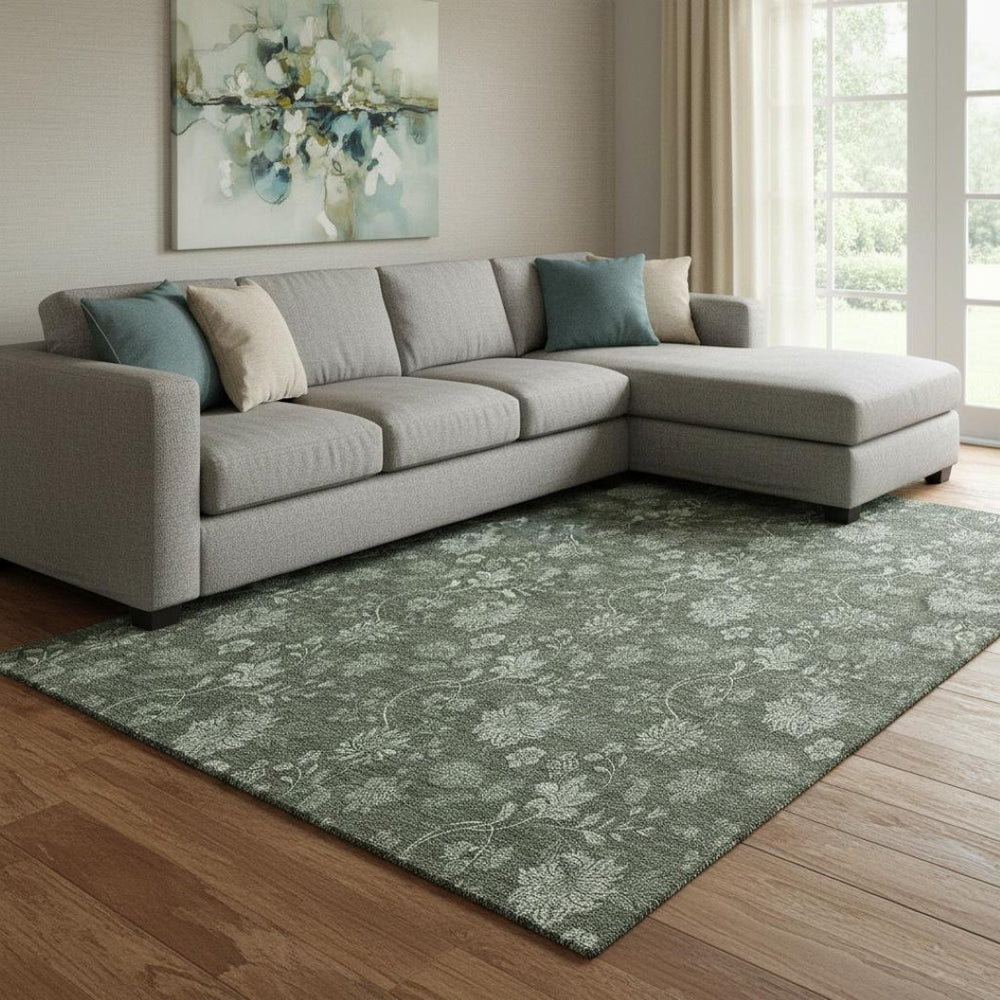 HomeRoots 10' Olive Green & Gray Floral Area Rug – Washable, UV Protected, Durable for High-Traffic Areas 655932