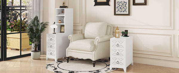 English Elm End Table With 3 Drawers And 2 Open Shelves - Stylish Corner Side Table With Charging Ports In White W2593P289147