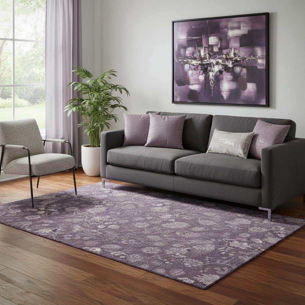 HomeRoots 5' X 8' Floral Washable Area Rug in Plum & Ivory - UV Protected, Stain Resistant, Durable Design! 655934