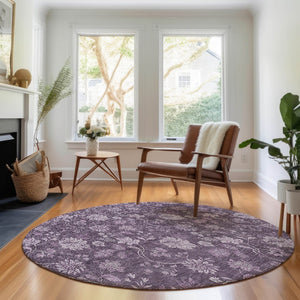 HomeRoots 8' Washable Round Rug in Plum and Ivory Floral Design with UV Protection for Busy Homes & Durability 655935