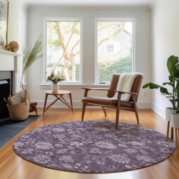 HomeRoots 8' Washable Round Rug in Plum and Ivory Floral Design with UV Protection for Busy Homes & Durability 655935