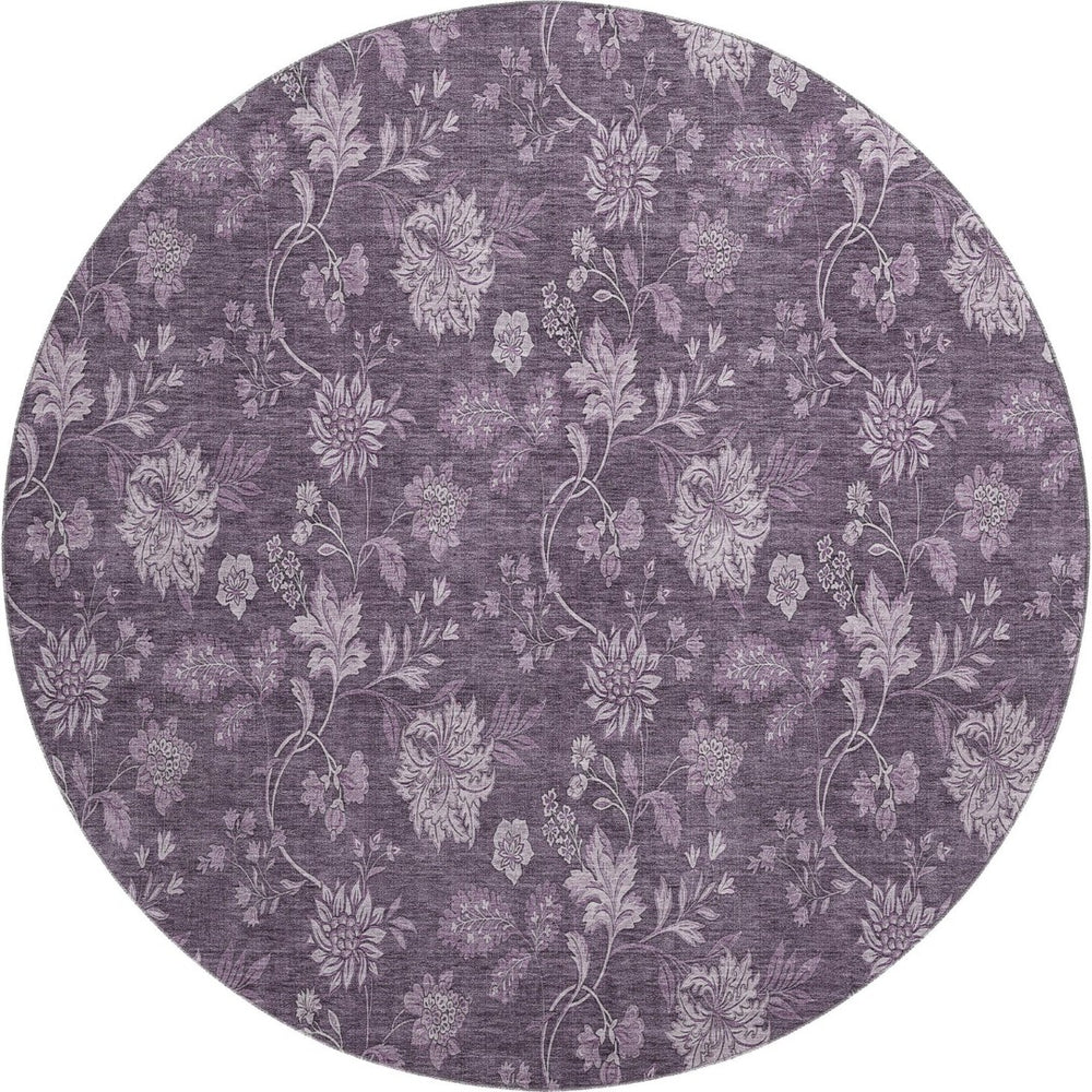 HomeRoots 8' Washable Round Rug in Plum and Ivory Floral Design with UV Protection for Busy Homes & Durability 655935