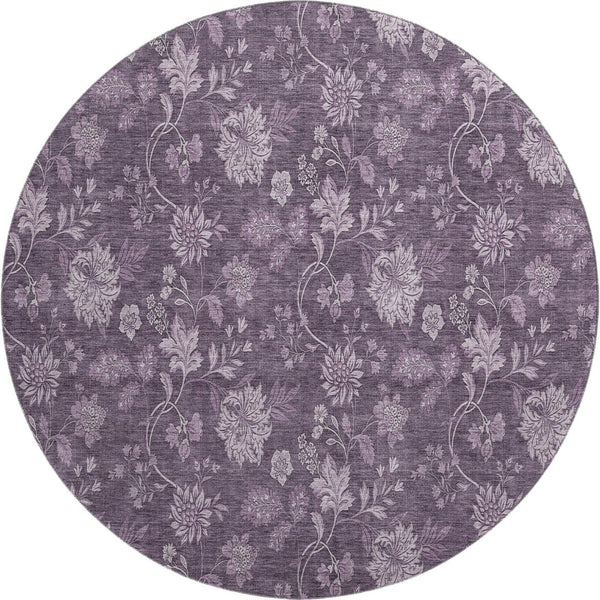 HomeRoots 8' Washable Round Rug in Plum and Ivory Floral Design with UV Protection for Busy Homes & Durability 655935