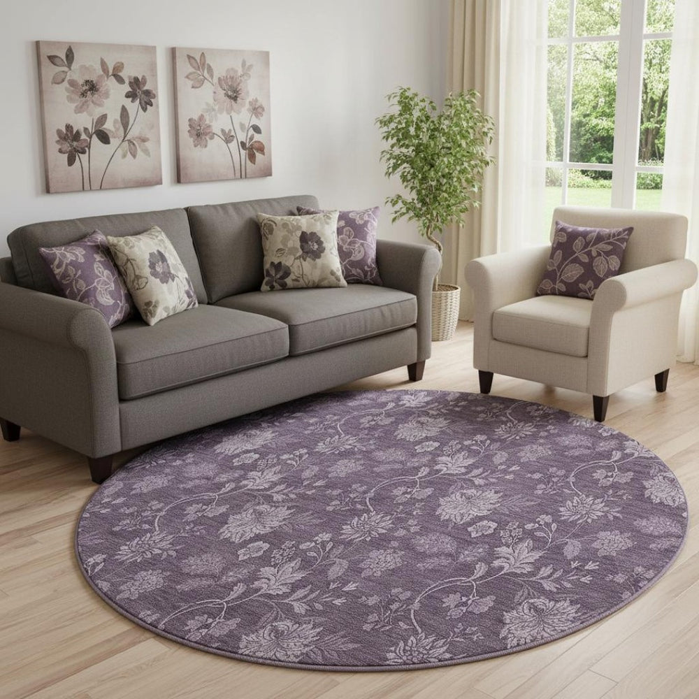 HomeRoots 8' Washable Round Rug in Plum and Ivory Floral Design with UV Protection for Busy Homes & Durability 655935