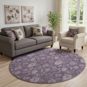 HomeRoots 8' Washable Round Rug in Plum and Ivory Floral Design with UV Protection for Busy Homes & Durability 655935