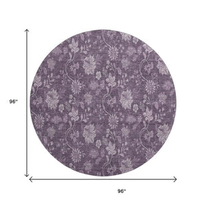 HomeRoots 8' Washable Round Rug in Plum and Ivory Floral Design with UV Protection for Busy Homes & Durability 655935