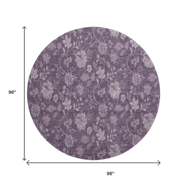 HomeRoots 8' Washable Round Rug in Plum and Ivory Floral Design with UV Protection for Busy Homes & Durability 655935