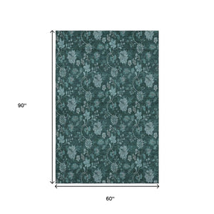 HomeRoots 5' X 8' Teal and Ivory Floral Area Rug - Durable, Washable, UV-Protected, Stain-Resistant Design! 655940