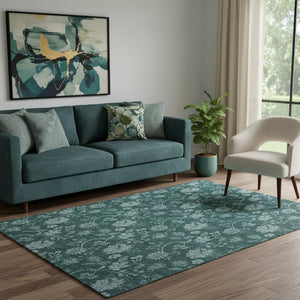 HomeRoots 5' X 8' Teal and Ivory Floral Area Rug - Durable, Washable, UV-Protected, Stain-Resistant Design! 655940