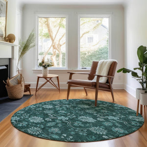 HomeRoots 8' Teal And Ivory Floral Round Rug – Washable, UV-Protected, Durable for Family Rooms & Patios 655941