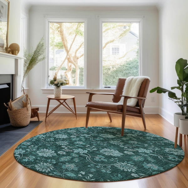 HomeRoots 8' Teal And Ivory Floral Round Rug – Washable, UV-Protected, Durable for Family Rooms & Patios 655941