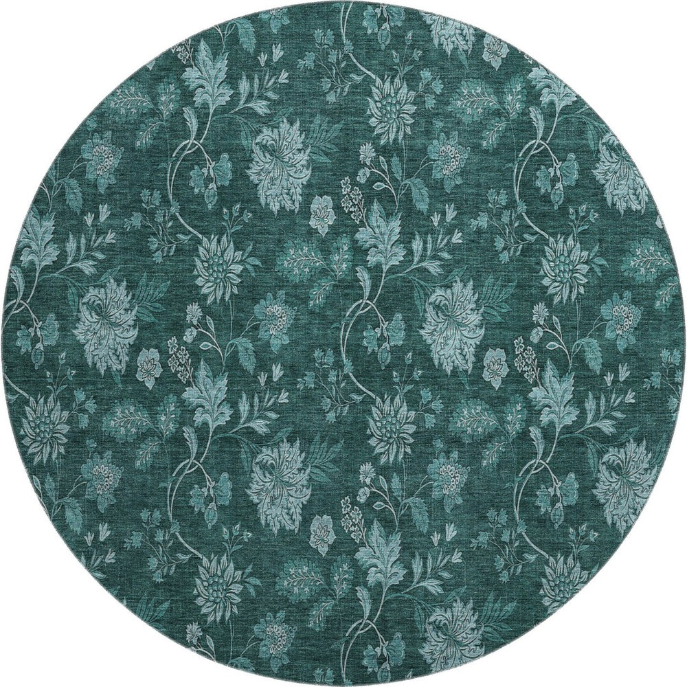 HomeRoots 8' Teal And Ivory Floral Round Rug – Washable, UV-Protected, Durable for Family Rooms & Patios 655941