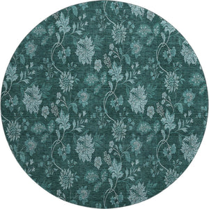 HomeRoots 8' Teal And Ivory Floral Round Rug – Washable, UV-Protected, Durable for Family Rooms & Patios 655941