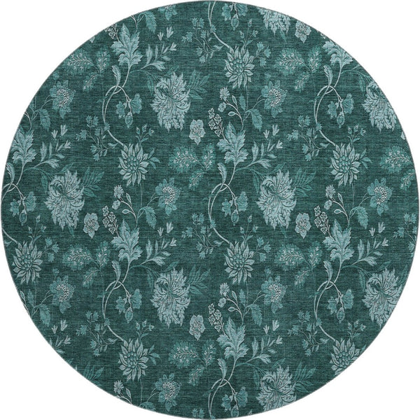 HomeRoots 8' Teal And Ivory Floral Round Rug – Washable, UV-Protected, Durable for Family Rooms & Patios 655941
