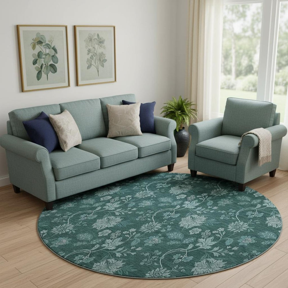 HomeRoots 8' Teal And Ivory Floral Round Rug – Washable, UV-Protected, Durable for Family Rooms & Patios 655941