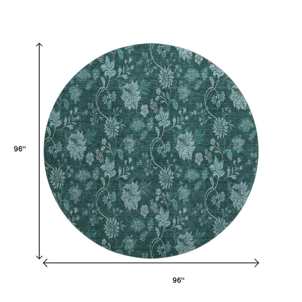 HomeRoots 8' Teal And Ivory Floral Round Rug – Washable, UV-Protected, Durable for Family Rooms & Patios 655941