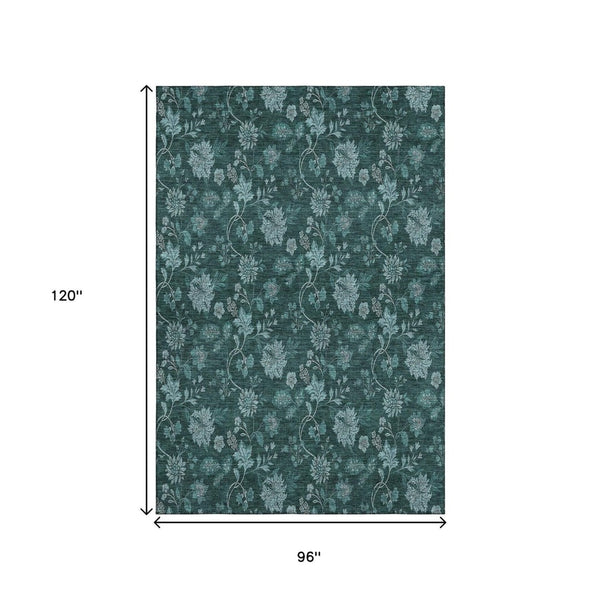 HomeRoots 8' X 10' Teal and Ivory Floral Washable Area Rug - Durable, UV-Protected, Ideal for Busy Homes! 655942