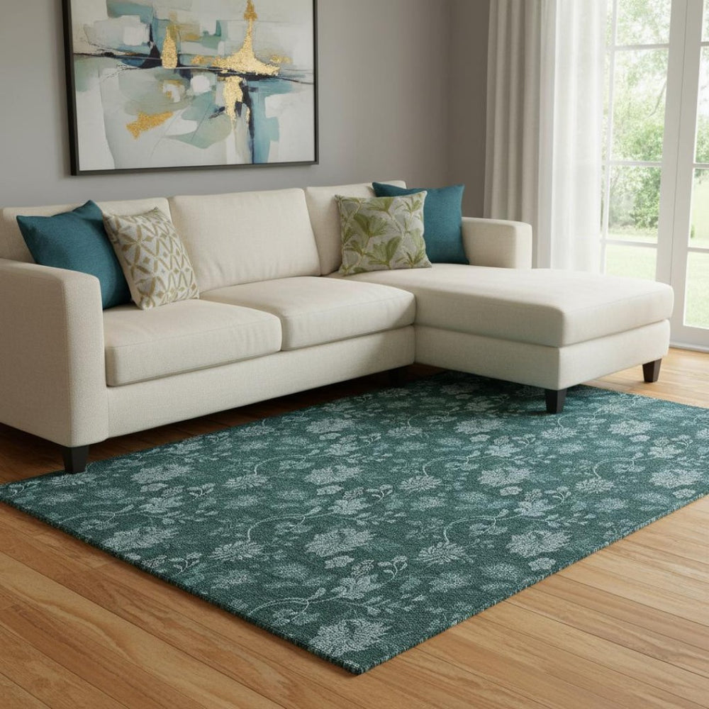 HomeRoots 8' X 10' Teal and Ivory Floral Washable Area Rug - Durable, UV-Protected, Ideal for Busy Homes! 655942