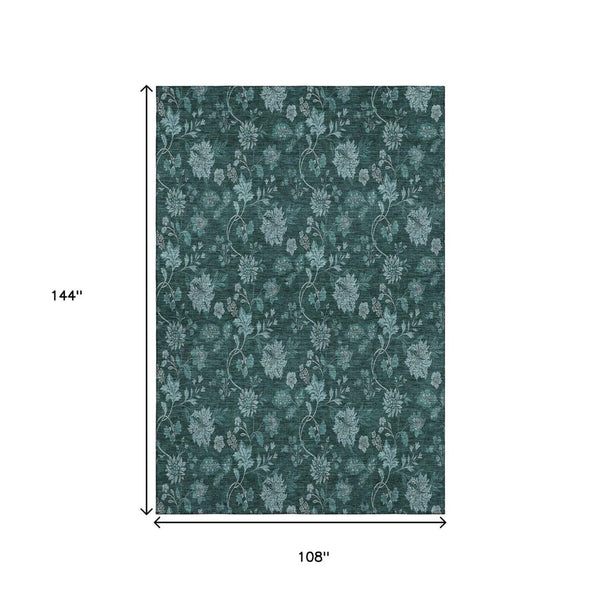 HomeRoots 9' X 12' Teal & Ivory Floral Area Rug – Washable, UV-Protected, Durable for Family Rooms & Patios 655943