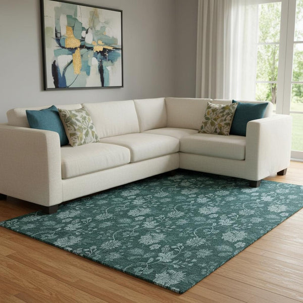 HomeRoots 9' X 12' Teal & Ivory Floral Area Rug – Washable, UV-Protected, Durable for Family Rooms & Patios 655943