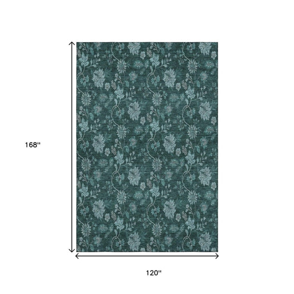 HomeRoots 10' X 14' Teal and Ivory Floral Area Rug - Washable, UV-Protected, Ideal for High-Traffic Spaces! 655944
