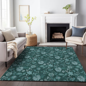HomeRoots 10' X 14' Teal and Ivory Floral Area Rug - Washable, UV-Protected, Ideal for High-Traffic Spaces! 655944