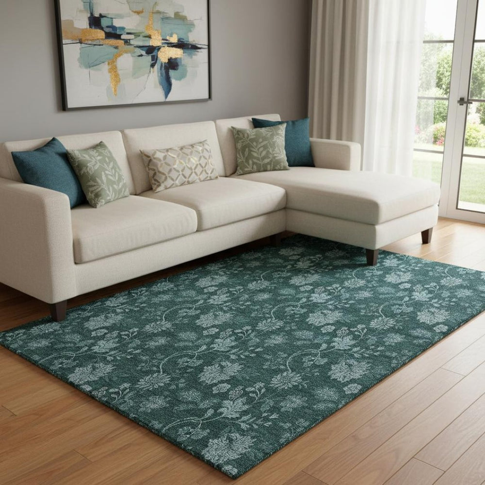 HomeRoots 10' X 14' Teal and Ivory Floral Area Rug - Washable, UV-Protected, Ideal for High-Traffic Spaces! 655944