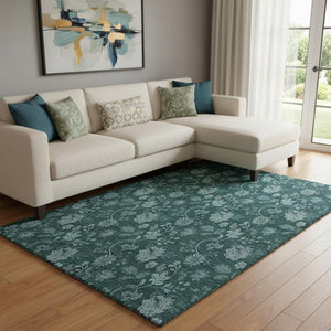 HomeRoots 10' X 14' Teal and Ivory Floral Area Rug - Washable, UV-Protected, Ideal for High-Traffic Spaces! 655944