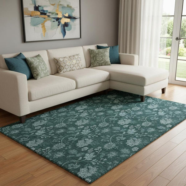 HomeRoots 10' X 14' Teal and Ivory Floral Area Rug - Washable, UV-Protected, Ideal for High-Traffic Spaces! 655944