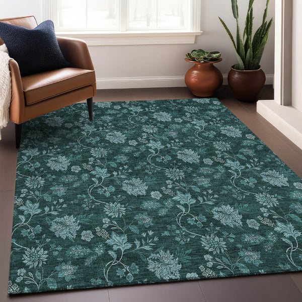 HomeRoots 10' X 14' Teal and Ivory Floral Area Rug - Washable, UV-Protected, Ideal for High-Traffic Spaces! 655944