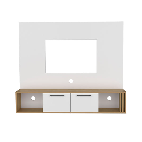 English Elm Louisburg Entertainment Center with White & Macadamia Finish, Closed Cabinets, Open Shelves, Cable Management (97) B092P286124