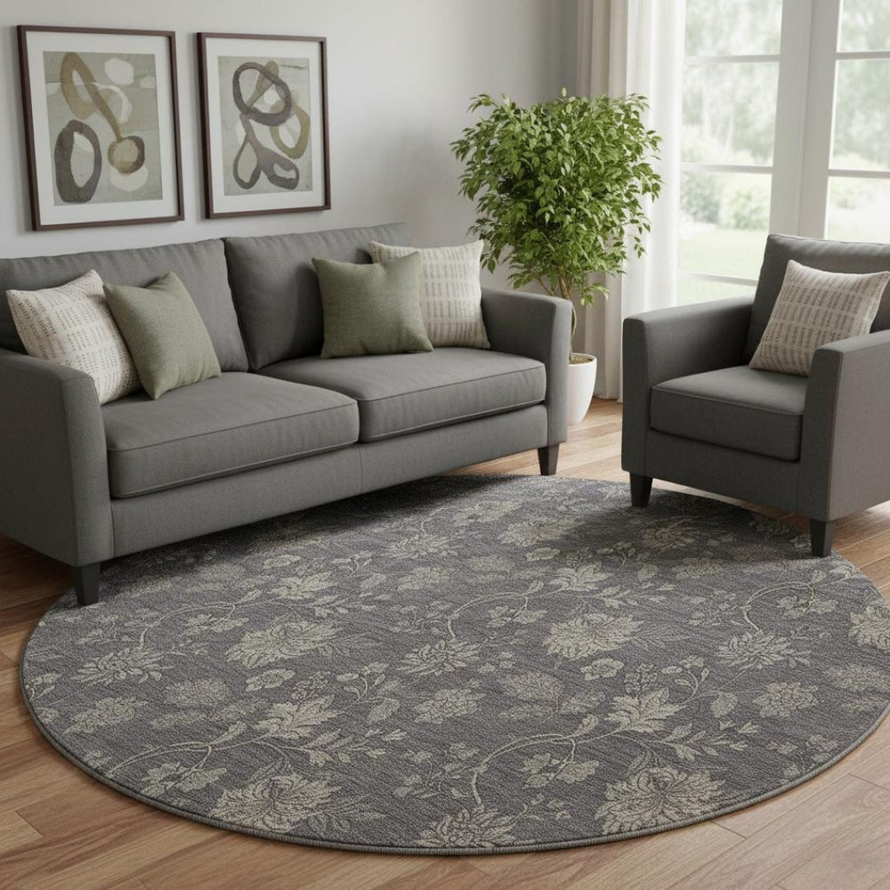 HomeRoots 8' Stylish Taupe & Beige Floral Round Rug – Washable, UV-Protected for Easy Care & Durability 655947