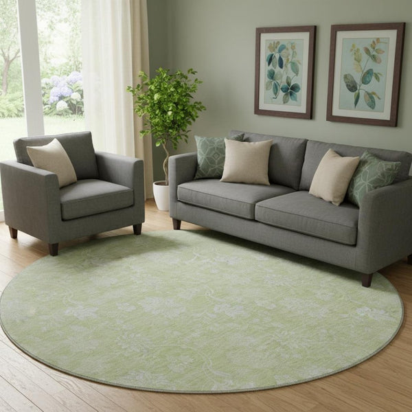 HomeRoots 8' Artichoke Green & Ivory Floral Round Rug - Washable, UV-Protected, Ideal for Busy Households! 655953