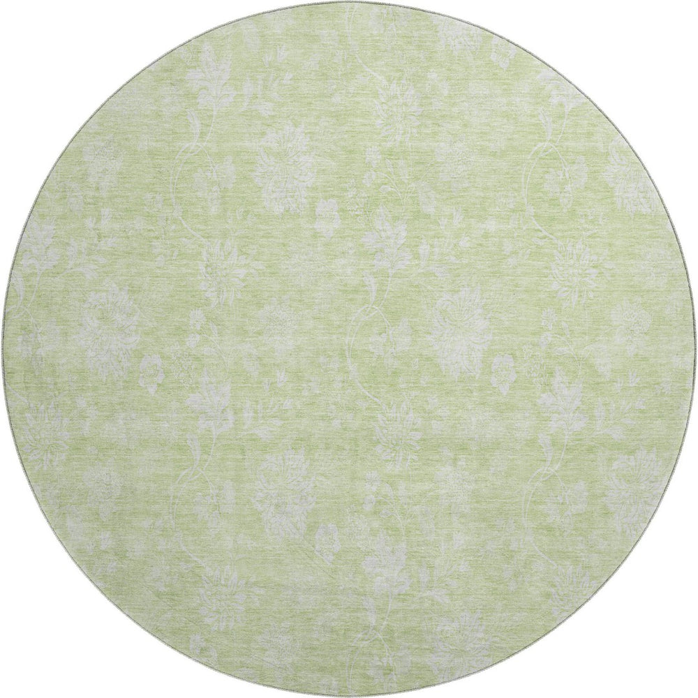 HomeRoots 8' Artichoke Green & Ivory Floral Round Rug - Washable, UV-Protected, Ideal for Busy Households! 655953