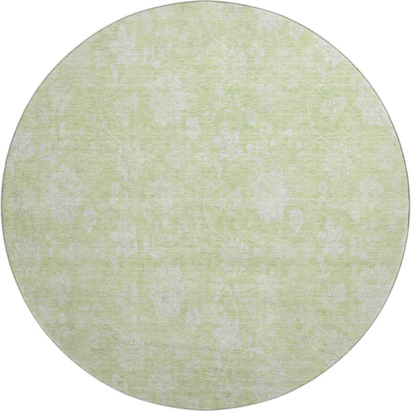 HomeRoots 8' Artichoke Green & Ivory Floral Round Rug - Washable, UV-Protected, Ideal for Busy Households! 655953