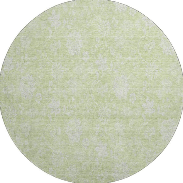 HomeRoots 8' Artichoke Green & Ivory Floral Round Rug - Washable, UV-Protected, Ideal for Busy Households! 655953
