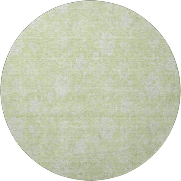HomeRoots 8' Artichoke Green & Ivory Floral Round Rug - Washable, UV-Protected, Ideal for Busy Households! 655953