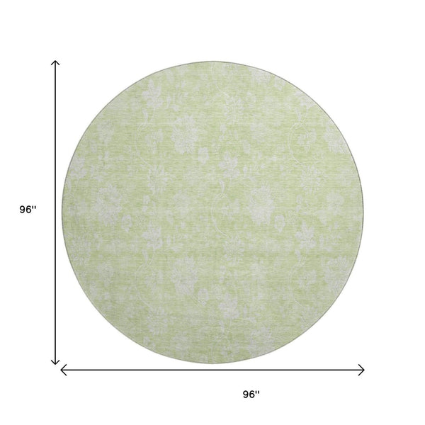 HomeRoots 8' Artichoke Green & Ivory Floral Round Rug - Washable, UV-Protected, Ideal for Busy Households! 655953