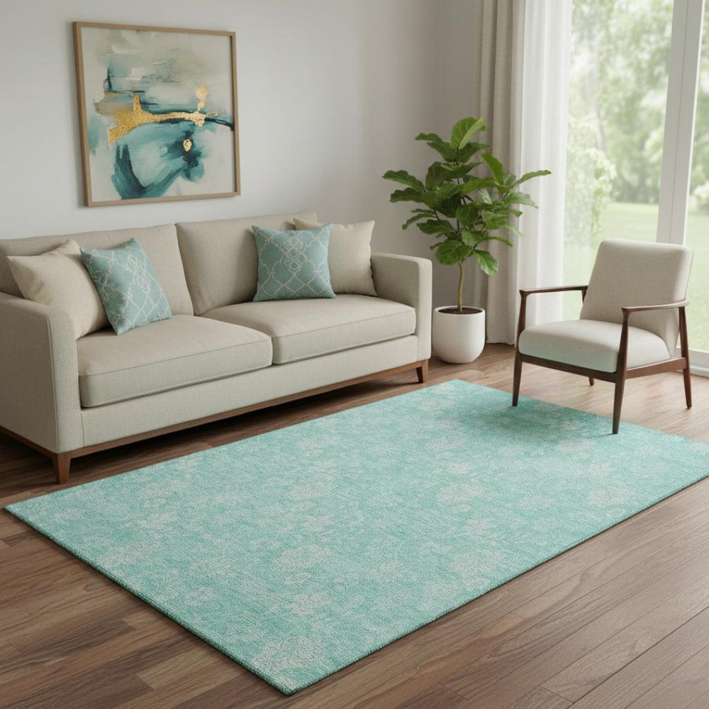 HomeRoots 5' X 8' Aqua Floral Area Rug - Elegant Washable Design with UV Protection for Busy Homes & Kids 655958